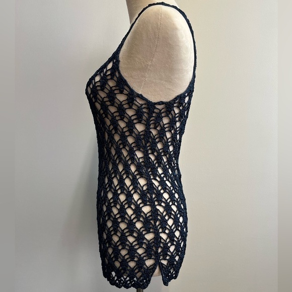Navy Blue Heavy Knit Nylon Crochet Top Women’s Size Small Crochet Coverup - Picture 4 of 10